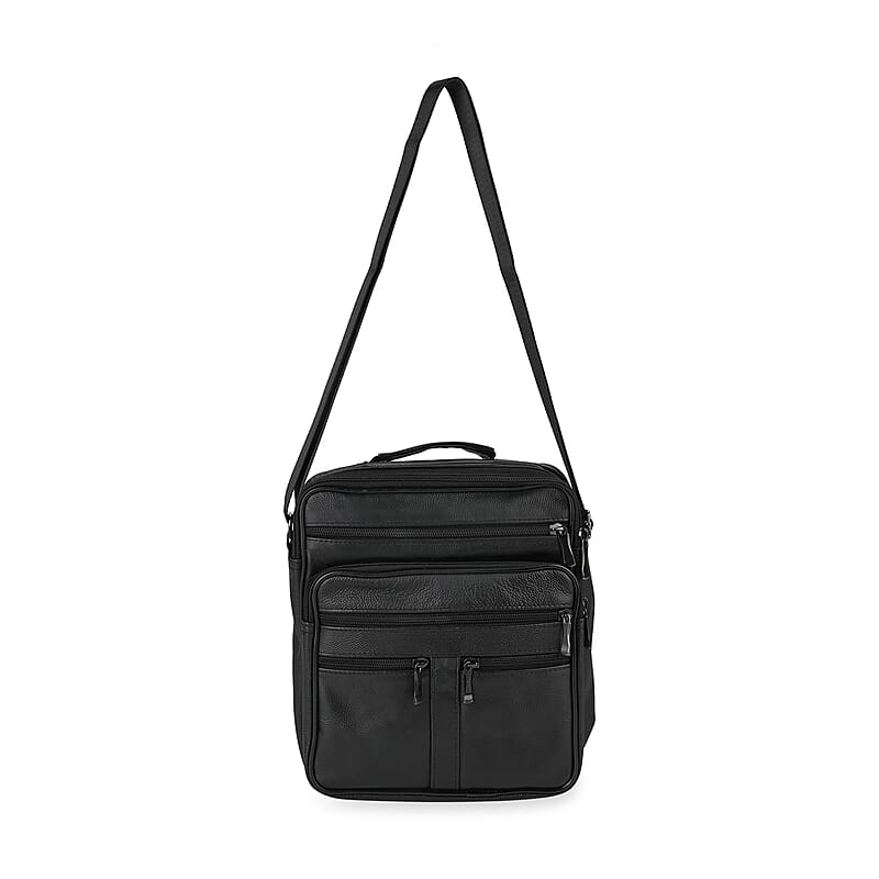 Black Genuine Leather Men's Crossbody Bag with Croc-Embossed Pattern Flap