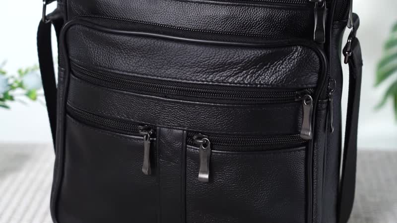 Black Genuine Leather Men's Crossbody Bag with Croc-Embossed Pattern Flap