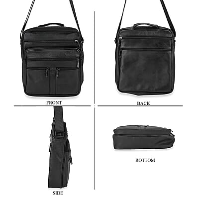 Black Genuine Leather Men's Crossbody Bag with Croc-Embossed Pattern Flap
