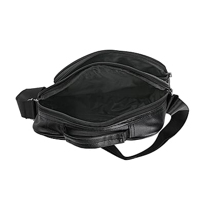 Black Genuine Leather Men's Crossbody Bag with Croc-Embossed Pattern Flap