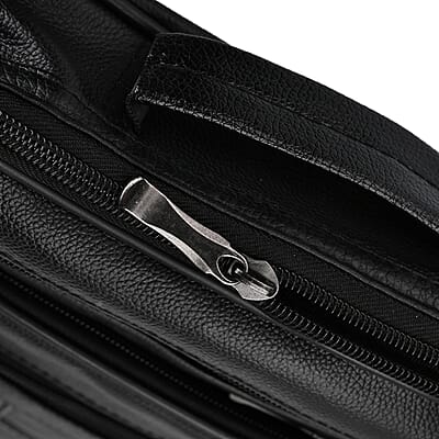 Black Genuine Leather Men's Crossbody Bag with Croc-Embossed Pattern Flap