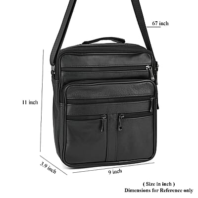 Black Genuine Leather Men's Crossbody Bag with Croc-Embossed Pattern Flap