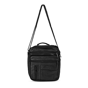 Black Genuine Leather Men's Crossbody Bag with Croc-Embossed Pattern Flap