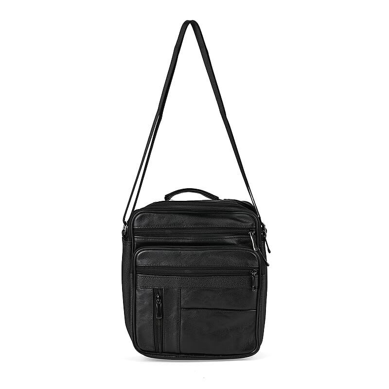 Genuine Leather Men's Crossbody Bag with Croc-Embossed Pattern Flap