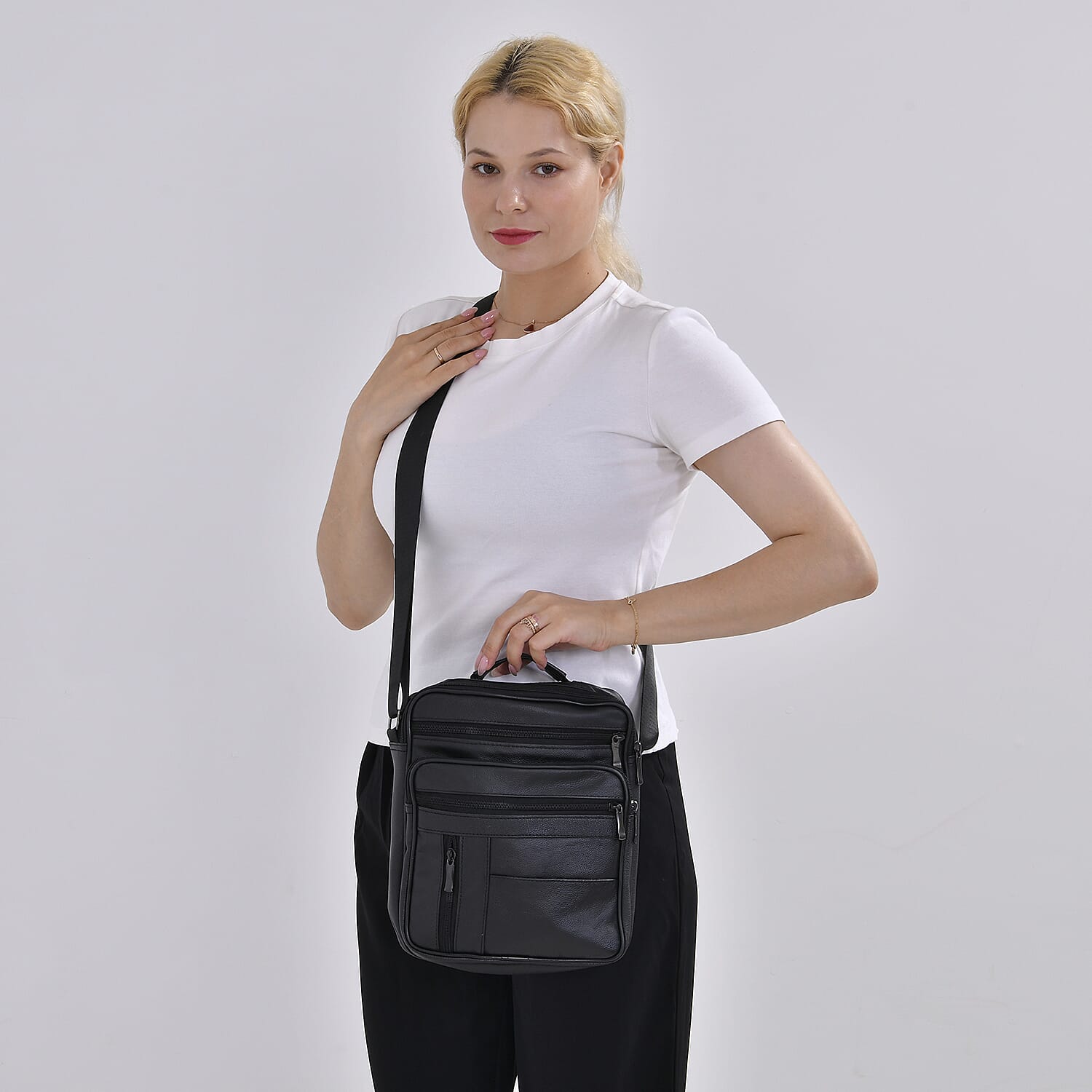 Genuine Leather Men's Crossbody Bag with Croc-Embossed Pattern Flap