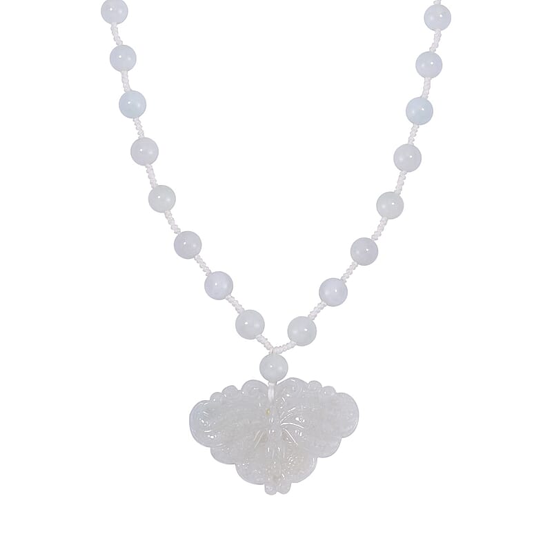 Natural Jade Carved Butterfly Necklace 20 Inches in Rhodium Over Sterling Silver 200.00 ctw