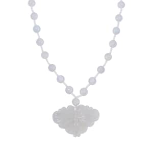 Natural Jade Carved Butterfly Necklace 20 Inches in Rhodium Over Sterling Silver 200.00 ctw