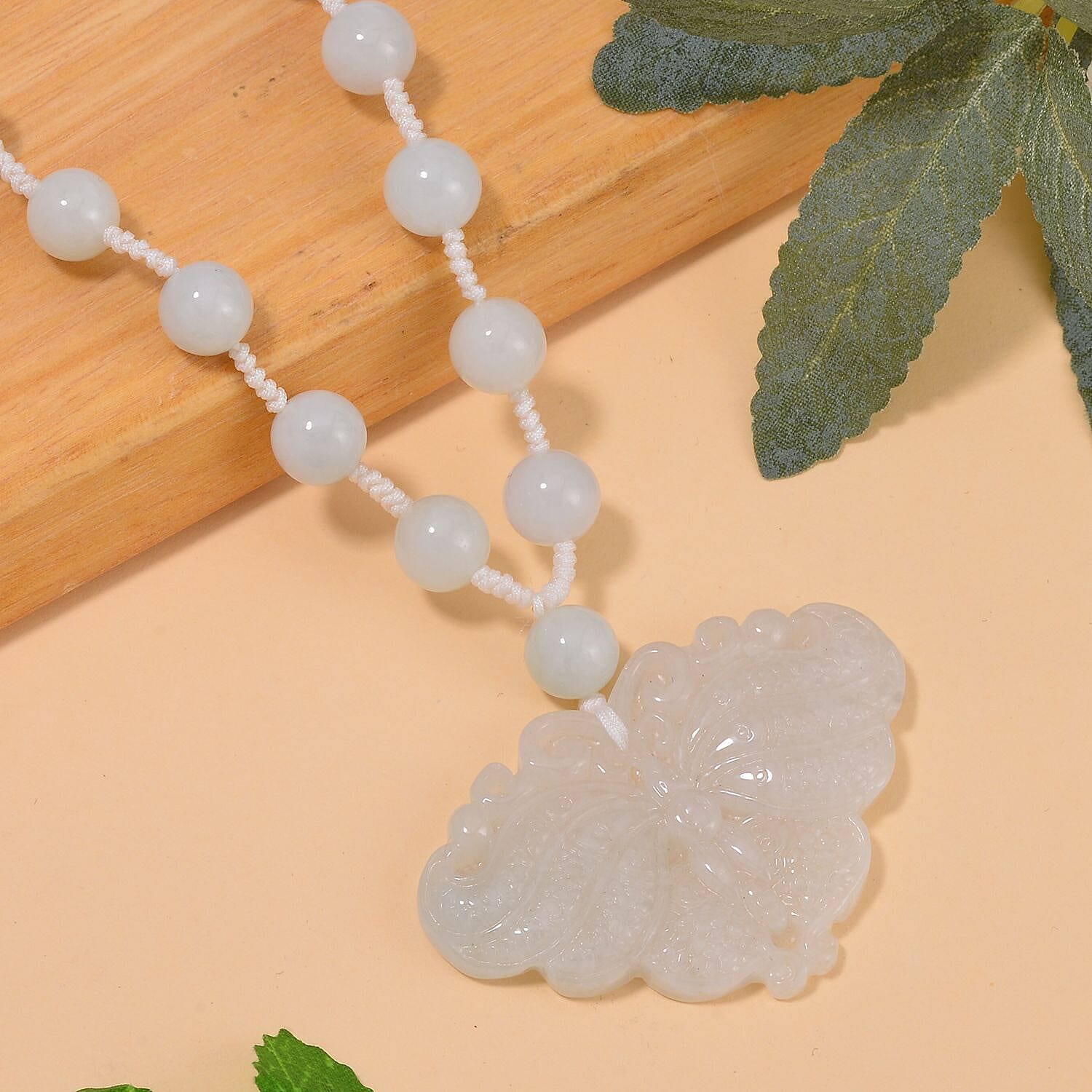 Natural Jade Carved Butterfly Necklace 20 Inches in Rhodium Over Sterling Silver 200.00 ctw