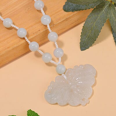 Natural Jade Carved Butterfly Necklace 20 Inches in Rhodium Over Sterling Silver 200.00 ctw