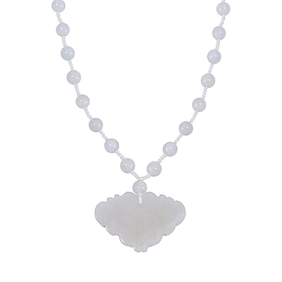 Natural Jade Carved Butterfly Necklace 20 Inches in Rhodium Over Sterling Silver 200.00 ctw