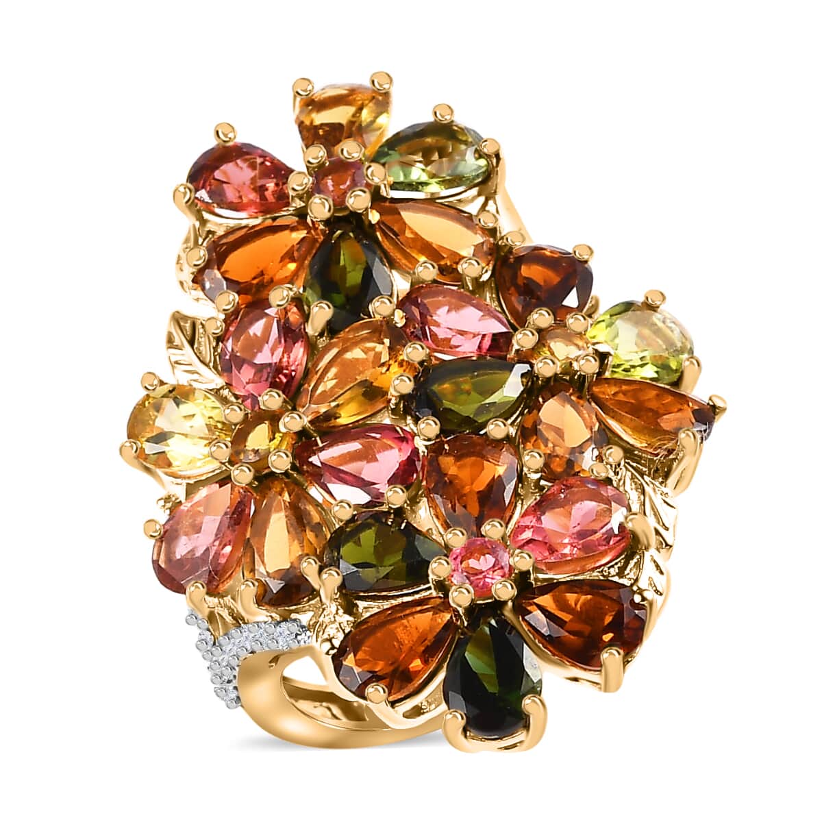 Multi-Tourmaline and Moissanite Floral Ring in Vermeil Yellow Gold Over Sterling Silver (Size 10.0) 9.30 ctw image number 0