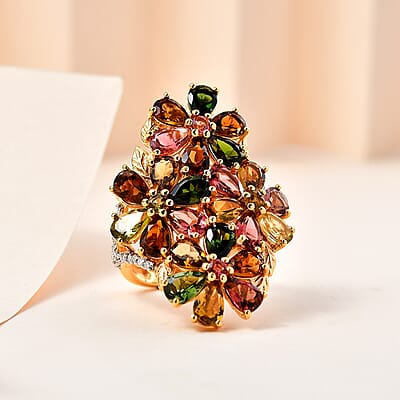 Multi-Tourmaline and Moissanite Floral Ring in Vermeil Yellow Gold Over Sterling Silver (Size 10.0) 9.30 ctw