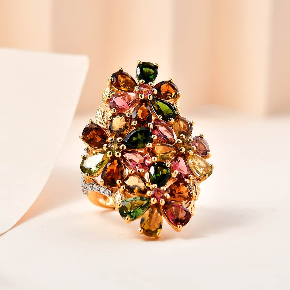 Multi-Tourmaline and Moissanite Floral Ring in Vermeil Yellow Gold Over Sterling Silver (Size 10.0) 9.30 ctw image number 1