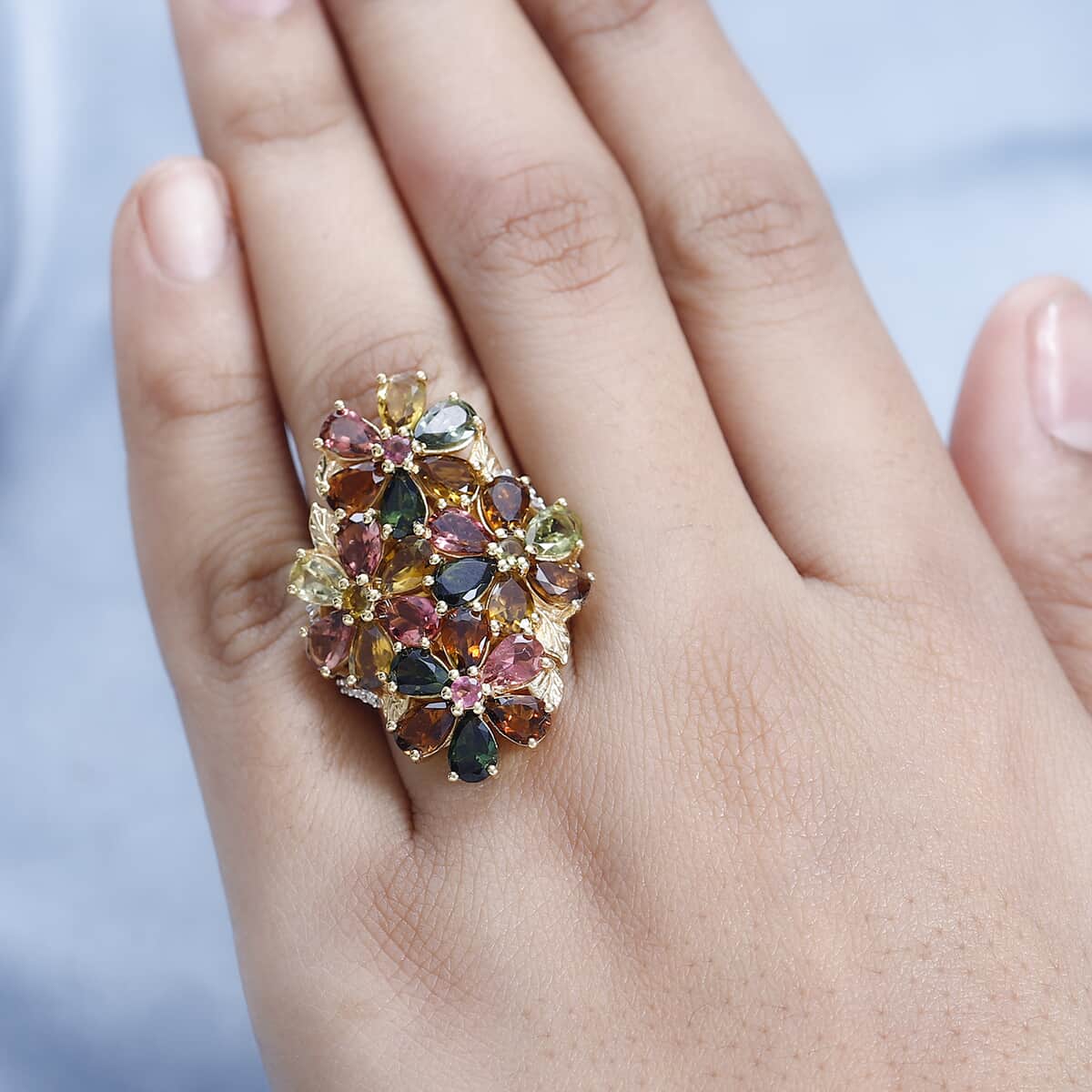 Multi-Tourmaline and Moissanite Floral Ring in Vermeil Yellow Gold Over Sterling Silver (Size 10.0) 9.30 ctw image number 2