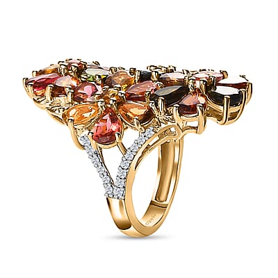 Multi-Tourmaline and Moissanite Floral Ring in Vermeil Yellow Gold Over Sterling Silver (Size 10.0) 9.30 ctw