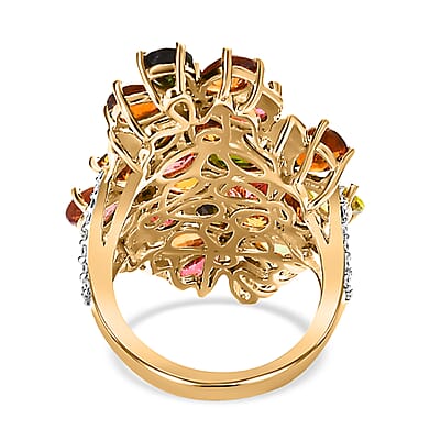 Multi-Tourmaline and Moissanite Floral Ring in Vermeil Yellow Gold Over Sterling Silver (Size 10.0) 9.30 ctw