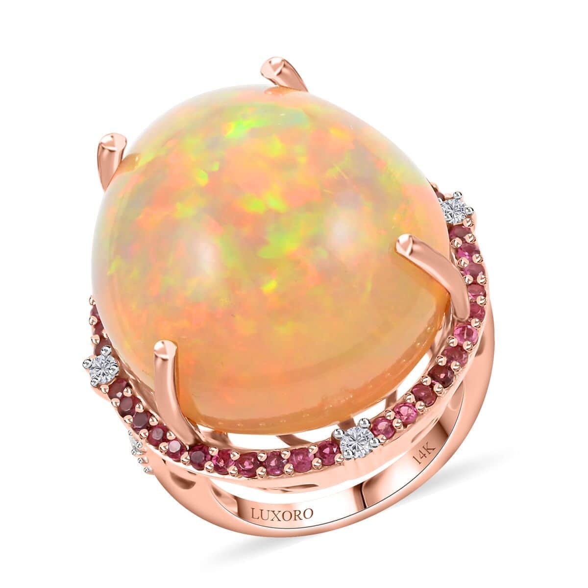 Luxoro 14K Rose Gold Ethiopian Welo Opal, Pink Tourmaline and Diamond G-H I2 Ring (Size 7.0) 36.20 ctw image number 0
