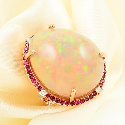 Luxoro 14K Rose Gold Ethiopian Welo Opal, Pink Tourmaline and Diamond G-H I2 Ring (Size 7.0) 36.20 ctw