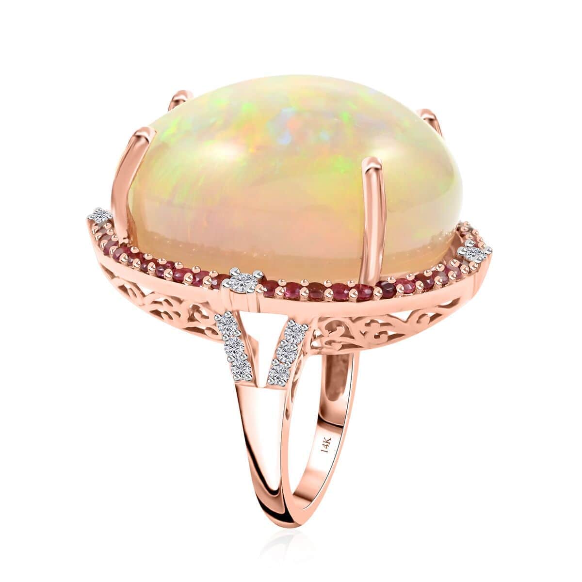 Luxoro 14K Rose Gold Ethiopian Welo Opal, Pink Tourmaline and Diamond G-H I2 Ring (Size 7.0) 36.20 ctw image number 3