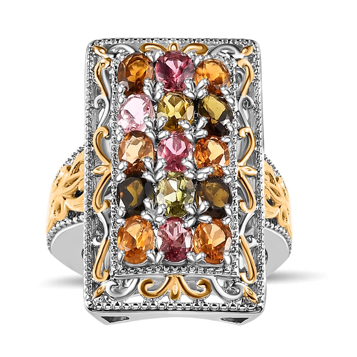 Multi-Tourmaline Cluster Ring in Vermeil YG and Platinum Over Sterling Silver (Size 10.0) 2.65 ctw image number 0