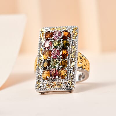 Multi-Tourmaline Cluster Ring in Vermeil YG and Platinum Over Sterling Silver (Size 10.0) 2.65 ctw