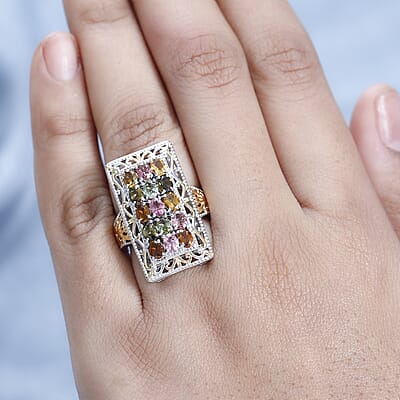 Multi-Tourmaline Cluster Ring in Vermeil YG and Platinum Over Sterling Silver (Size 10.0) 2.65 ctw