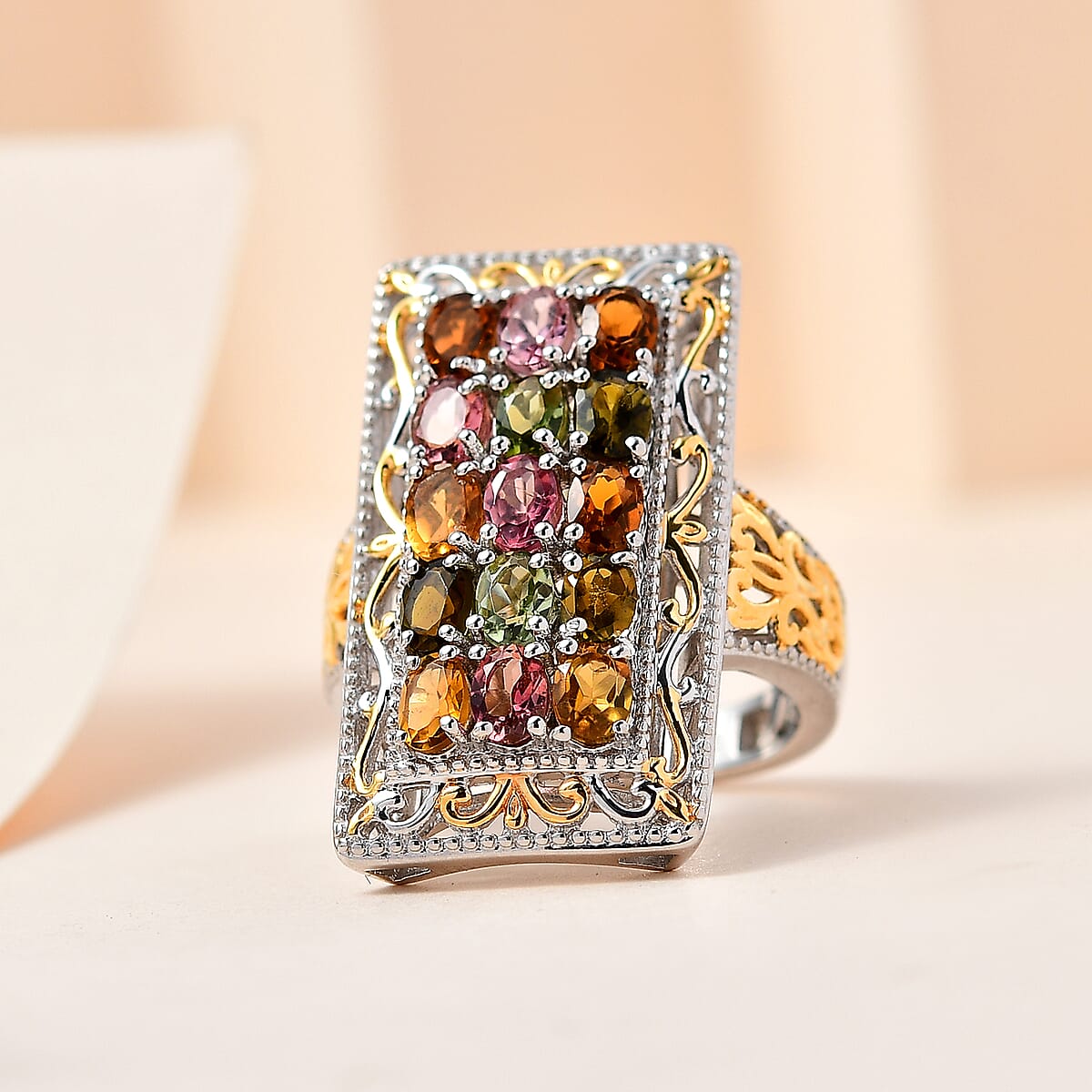 Multi-Tourmaline Cluster Ring in Vermeil YG and Platinum Over Sterling Silver (Size 7.0) 2.65 ctw image number 1