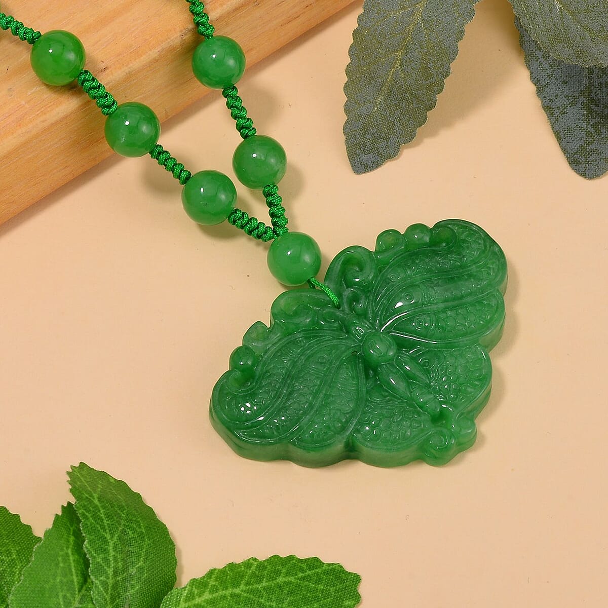 Green Jade (D) Carved Butterfly Necklace 20 Inches in Rhodium Over Sterling Silver 200.00 ctw image number 1