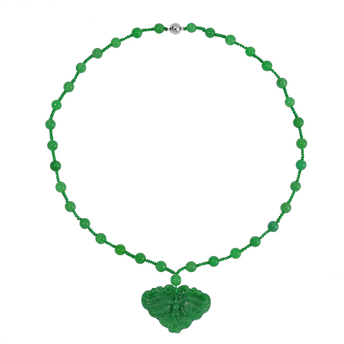 Green Jade (D) Carved Butterfly Necklace 20 Inches in Rhodium Over Sterling Silver 200.00 ctw image number 2