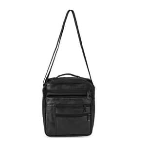 Black Genuine Leather Men's Crossbody Bag with Croc-Embossed Pattern Flap