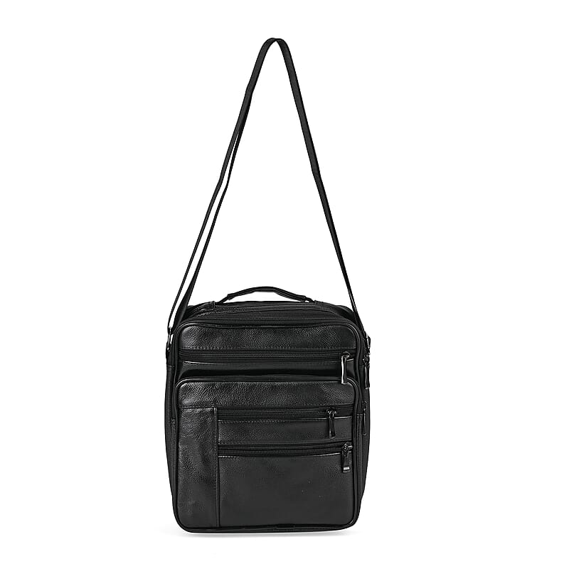 Black Genuine Leather Cossbody Bag with Croc-Embossed Pattern Flap