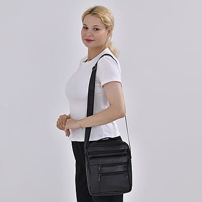Black Genuine Leather Cossbody Bag with Croc-Embossed Pattern Flap