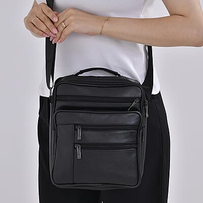 Black Genuine Leather Cossbody Bag with Croc-Embossed Pattern Flap