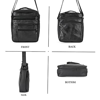 Black Genuine Leather Cossbody Bag with Croc-Embossed Pattern Flap