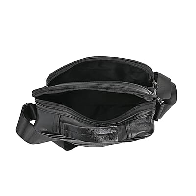 Black Genuine Leather Cossbody Bag with Croc-Embossed Pattern Flap
