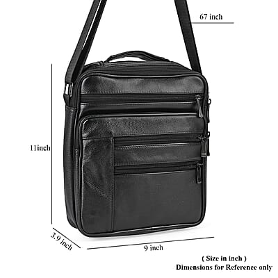 Black Genuine Leather Cossbody Bag with Croc-Embossed Pattern Flap