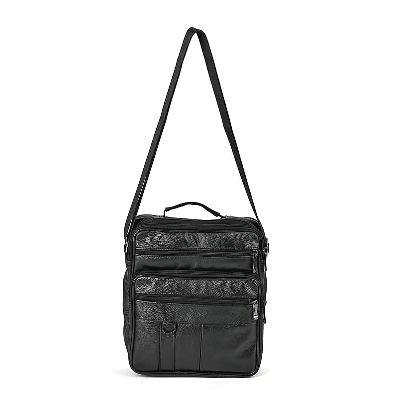 Black Genuine Leather Men's Crossbody Bag with Croc-Embossed Flap