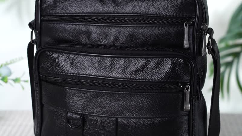Black Genuine Leather Men's Crossbody Bag with Croc-Embossed Flap
