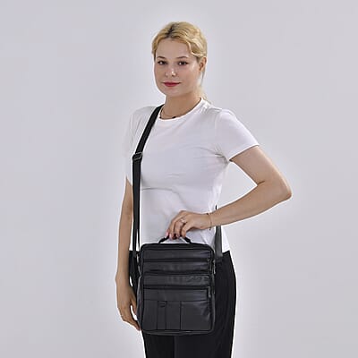 Black Genuine Leather Men's Crossbody Bag with Croc-Embossed Flap