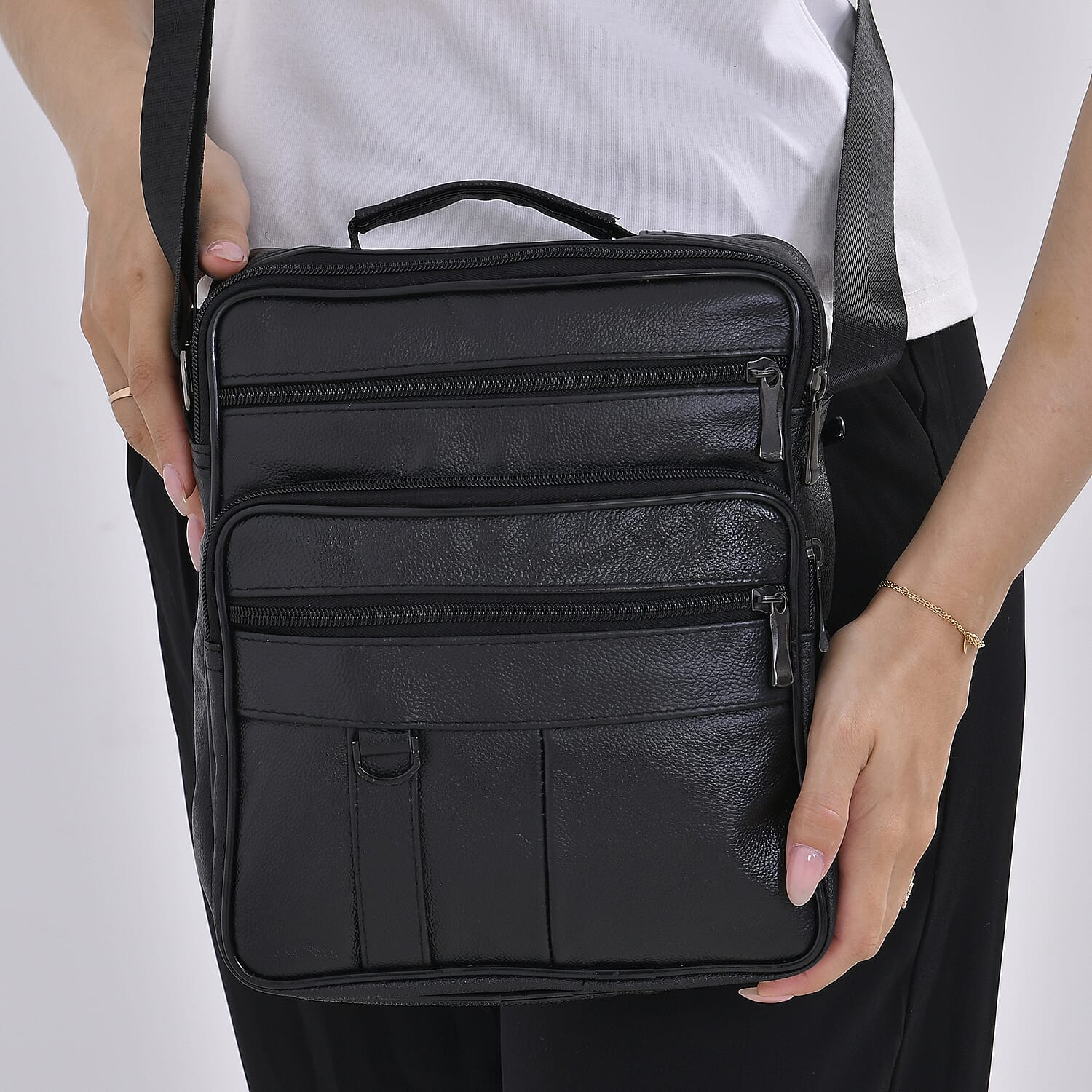 Black Genuine Leather Men's Crossbody Bag with Croc-Embossed Flap