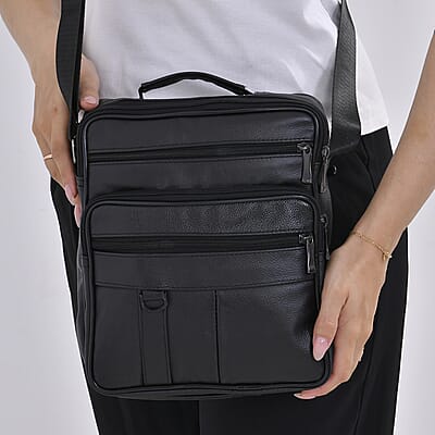 Black Genuine Leather Men's Crossbody Bag with Croc-Embossed Flap