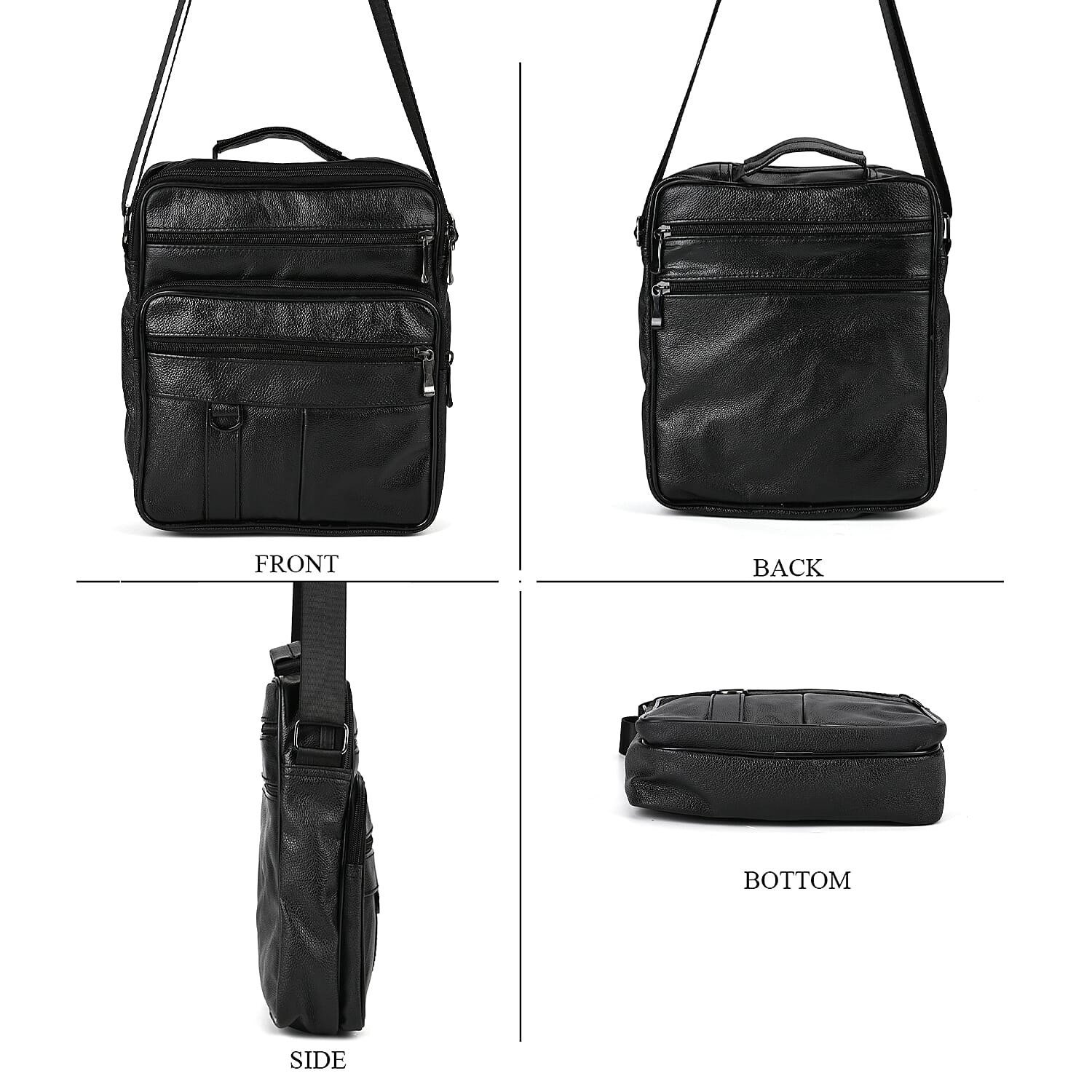 Black Genuine Leather Men's Crossbody Bag with Croc-Embossed Flap