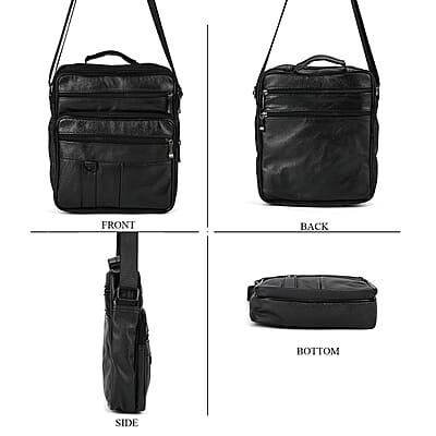 Black Genuine Leather Men's Crossbody Bag with Croc-Embossed Flap
