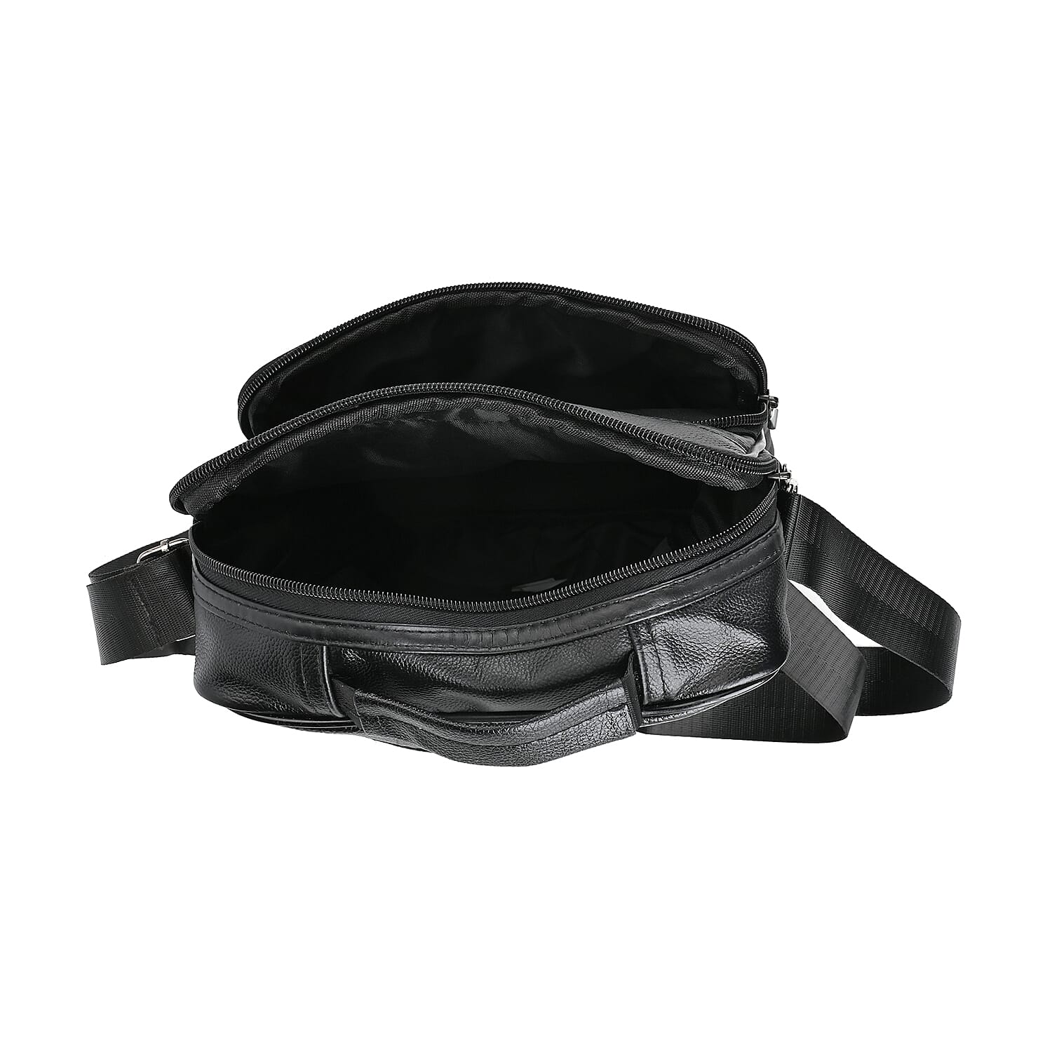 Black Genuine Leather Men's Crossbody Bag with Croc-Embossed Flap