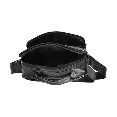 Black Genuine Leather Men's Crossbody Bag with Croc-Embossed Flap