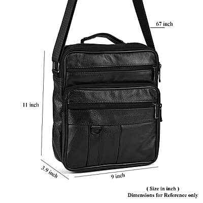 Black Genuine Leather Men's Crossbody Bag with Croc-Embossed Flap