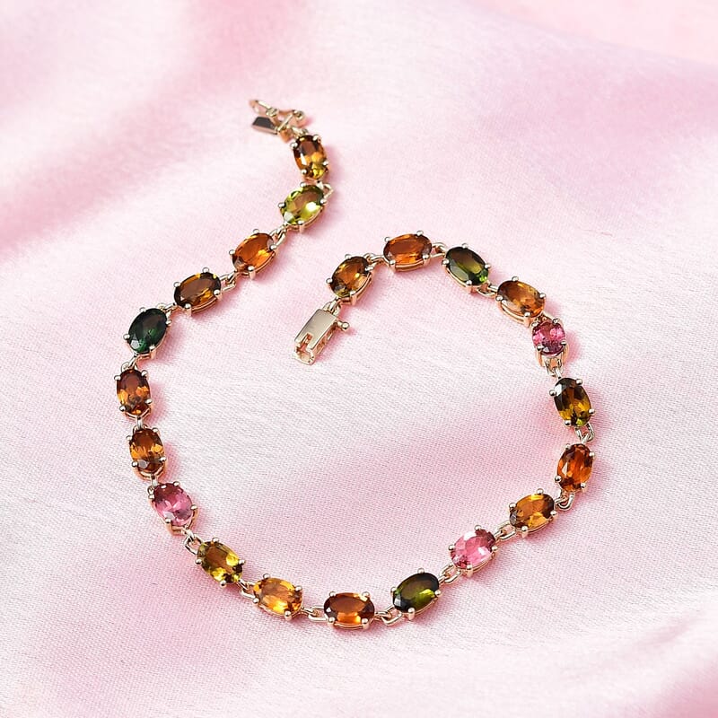 Luxoro 10K Yellow Gold Premium Multi-Tourmaline Link Bracelet (7.25 In) 9.15 ctw