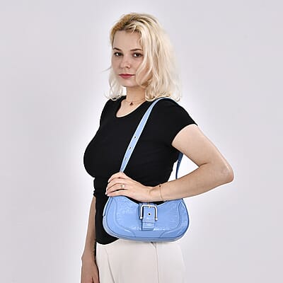 Italy Retro Noble Collection Blue Genuine Leather Shoulder Bag with Shoulder Strap