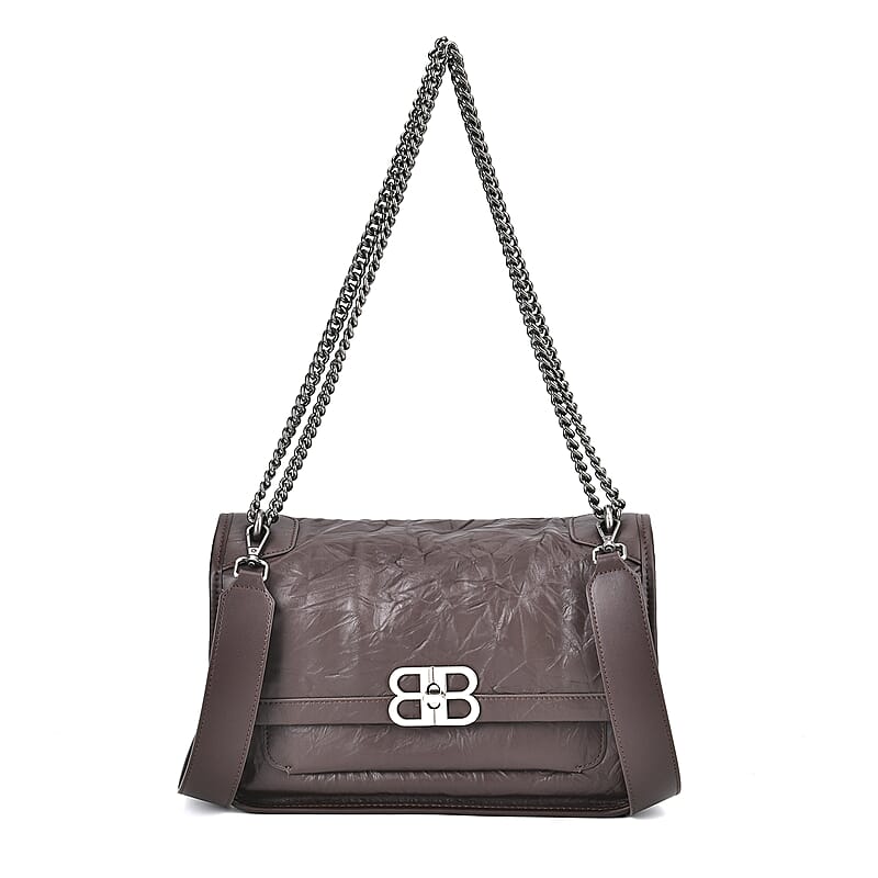 Italy Retro Noble Collection Coffee Genuine Leather Shoulder Bag with Long Chain Strap and Leather Strap