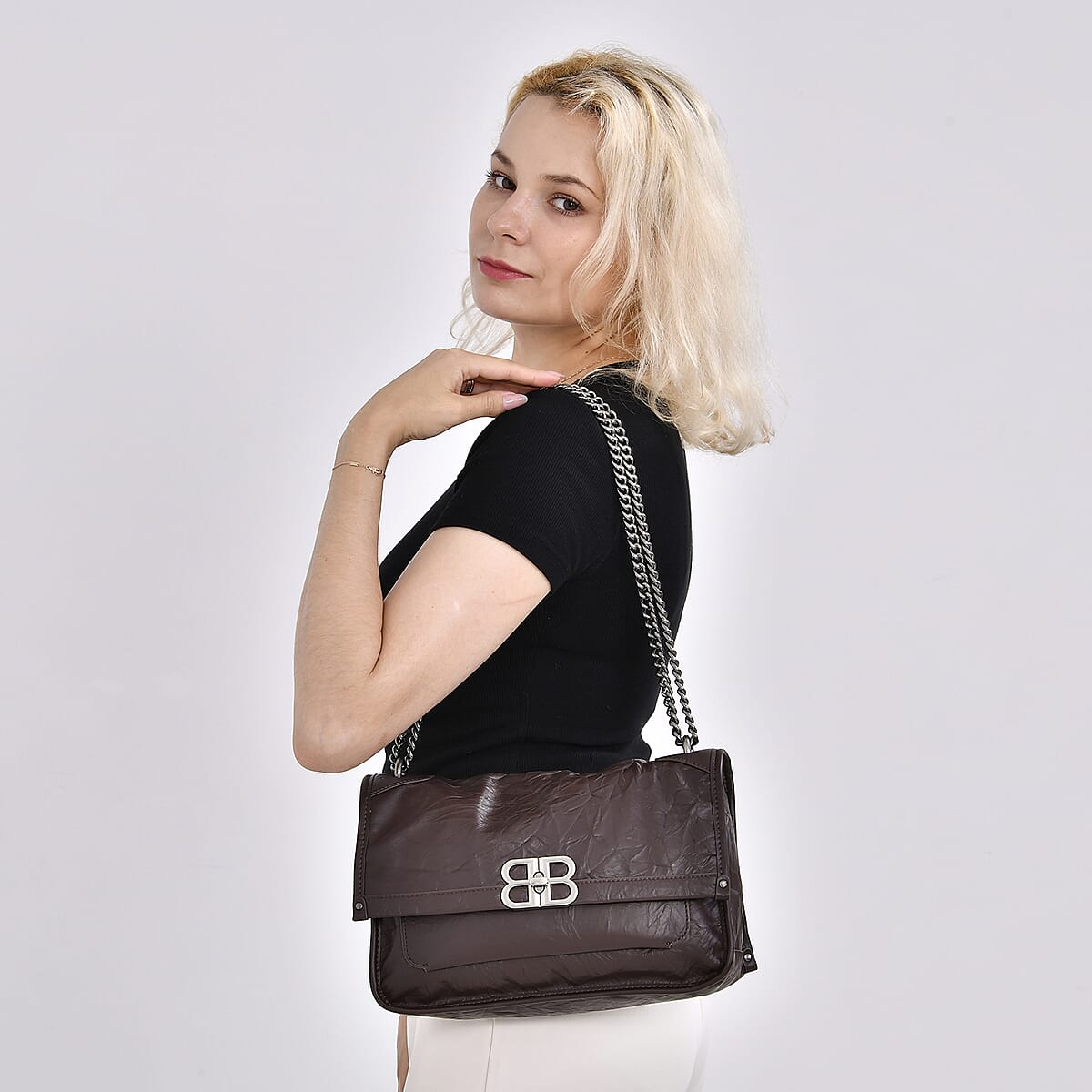 Coffee Genuine Leather Shoulder Bag (10.8"x3.9"x7") with Long Chain Strap and Leather Strap image number 1